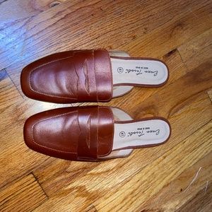 Brown Leather Slip on Loafer Mules